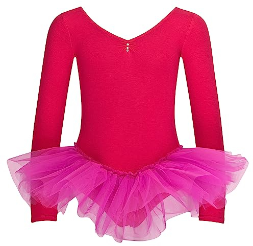 tanzmuster ® Ballett Tutu Mädchen Langarm - Romy - Glitzersteine - Baumwolle - Ballettbody Kinder Ballett Trikot in pink, Größe 104/110