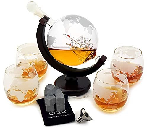 Whiskey-Dekanter-Set – Globusgläser – Scotch-Geschenkset zum Einzug – 850 ml Globus-Dekanter für Whisky, Scotch und Likör – Whiskey-Glasdekanter mit Geschenkbox