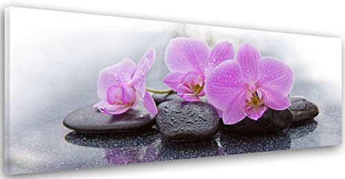 Feeby Bild auf Leinwand - Wandbilder Wohnzimmer Aesthetic - Rosa Orchidee Zen Steine Grau - 90x30 cm 1tlg - Schlafzimmer Wandekoration - Bilder Zimmer - Living Room - Deko Wandbilder - Moderne Bild
