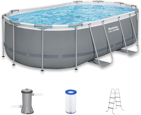 Bestway Steel Pro MAX 14' x 8'2 x 39.5 Oval Above Ground Swimming Pool Set, 530 GPH Filter Pump, Ladder, Tritech Puncture Resistant Liner, ClickConnect Steel Frame, Gray