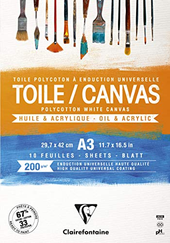 Clairefontaine 975208C - Un bloc encollé de 10 toiles prêtes à peindre 29,7x42 cm 200g, Cosmos Blanc