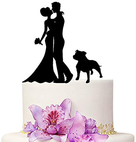 YAMI COCU Hochzeitstortenaufsatz Braut und Bräutigam mit Hund Tier schwarz Acryl Silhouette Hochzeit Party Verlobung Dekoration