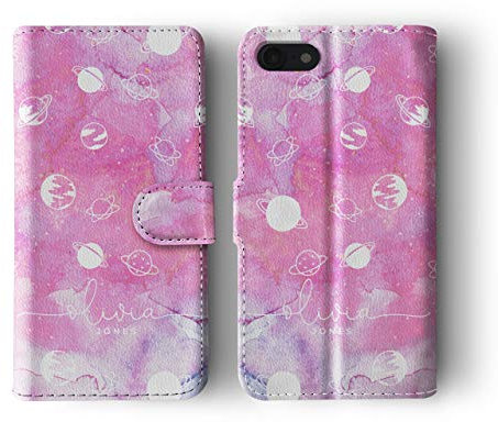 Tirita Personalised Initials Custom Wallet Leather Flip Phone Case Compatible with iPhone 11 PRINTED GLITTER, NOT REAL GLITTER Space Stars Moon Planets Pink Violet Marbled