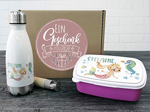 GRAZDesign Brotdose und Trinkflasche Set für Mädchen | Meerjungfrau mit Namen | personalisierte Lunchbox mit Trennwand Wasserflasche Edelstahl 350ml | Geschenk zur Einschulung, Kindergarten Start
