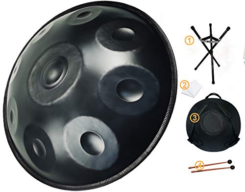 AS TEMAN Handpan, Handpan-Trommel in D-Moll 9 Tönen, 55,9 cm Stahl-Handtrommel mit weicher Handpan-Tasche, 2 Handpan-Schlägel, Handpan-Ständer, staubfreies Tuch, schwarz