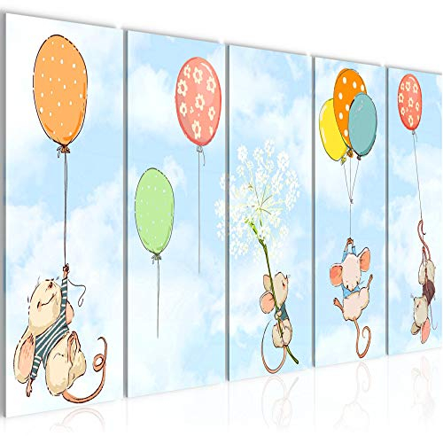 Runa Art Bild Kinderzimmer Maus Wandbilder auf Vlies Leinwand 5 Teilig Wanddekoration Babyzimmer Spielzimmer 008056b