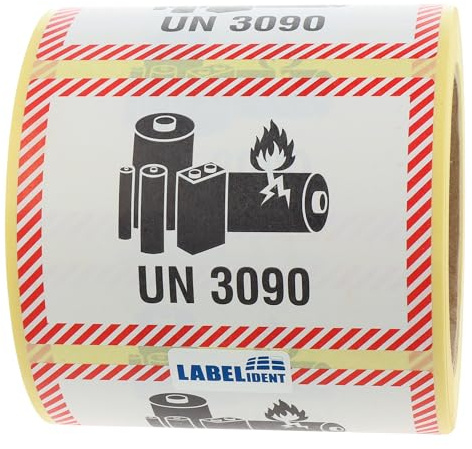 Labelident Lithium-Metall-Batterien Transportaufkleber UN 3090, 100 x 70 mm, 500 Etiketten aus Papier auf Rolle, Gefahrgutaufkleber für Versand