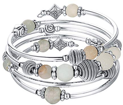 Bulinlin Silber Wickelarmband mit Naturstein Perlen Boho Mehrschichtiges Damen Armbänder Geburtstags Modegeschenk für Frauen(Green)