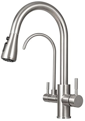 3 Wege Wasserhahn Edelstahl, 360° Drehbar Trinkwasserhahn mit Ausziehbarer Handbrause, 3 in 1 Küchenarmatur Mischbatterie mit Wasserfilter, 2 Griffe