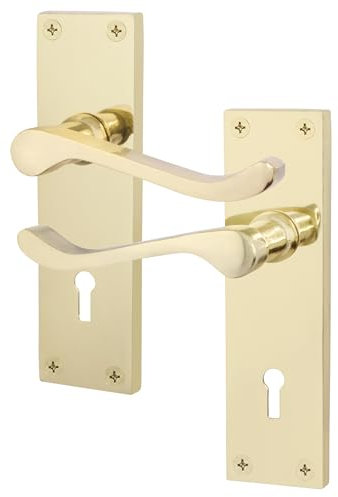 EAI Polished Brass Victorian Scroll Door Handles for Key Lock | 1 Pair of Brass Internal Lever Lock Handles on Backplate