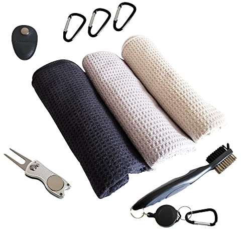Golfhandtuch Magnetisch + Golf Club Bürste + Pitchgabel im Set - 3 x Golf Towel 60x40cm Mikrofaser Golfhandtücher Waffel Muster inklusive Magnet Clip (Pitchgabel Silber)