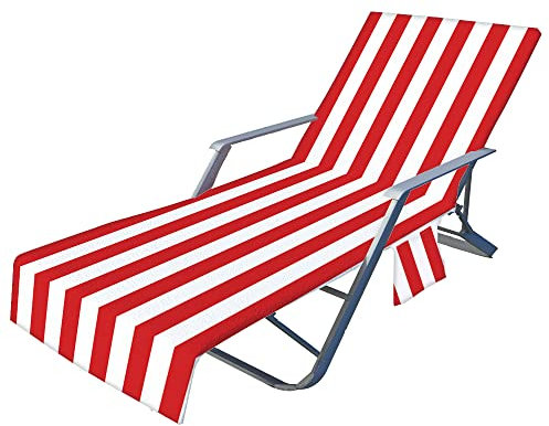 Surwin Strisce Telo Mare per Lettino in Microfibra, Fodera per Sedia da Spiaggia Copertura per Sedia di Sdraio con Tasche Laterali, Asciugamano per Spiaggia Piscina Sport (75x210cm,Rosso)