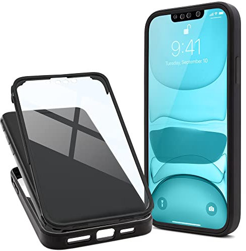 Moozy Funda 360 Grados para iPhone X/XS - Transparente con Borde Negro, Protección Integral Delantera y Trasera, Case Cover Funda con Protector de Pantalla Integrado