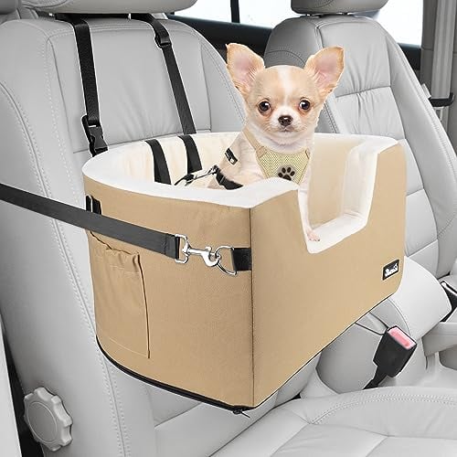 Eyein Puppy Dog Car Booster Seat, Adjustable Height Seat Bed Carrier with Cushion and Safety Belt for Back Front Travel, Fully Detachable Washable, Supports Pets Up to 18lbs, Brown, (Eyein-ps9)