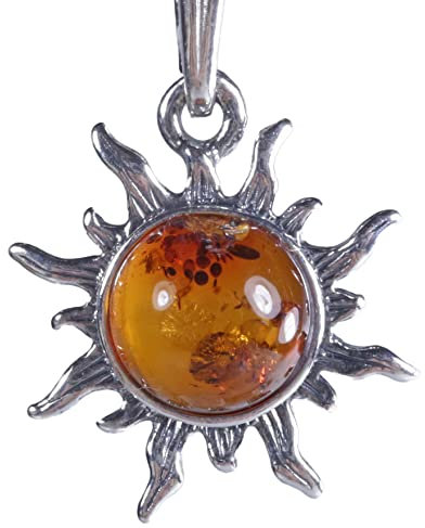 Lebensquelle Plus Sonnenanhänger aus echtem Bernstein | ca. 16 mm | Warmer Naturstein in silberfarbener Fassung | Schmuckanhänger für Kraft & Lebensfreude