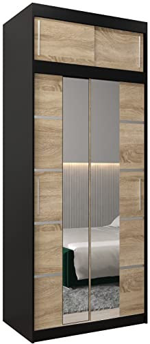 ABIKSMEBLE Verona 4 100 Armario 2 Puertas Correderas para Dormitorio - Armario Moderno con Espejo, Barra y Estantes - 100x240x62 cm (Ancho x Alto x Fondo) - Negro Mate + Sonoma con Extensión