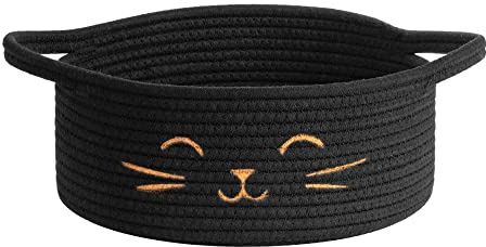 HiChen Kleiner Katzen-Aufbewahrungskorb, schwarzer süßer Korb für Spielzeug, Hundespielzeugkorb, gewebter Seilkorb zum Organisieren, leerer Geschenkkorb für Baby, schwarz, 24,9 x 10,2 cm