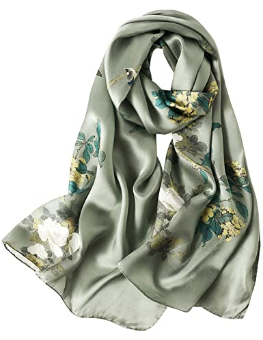 STORY OF SHANGHAI Seidenschal Damen 100% Seide, 20+ Bunte Luxuriöse Schals, Warm & Weich, als Stola Seidentuch Halstuch Pashmina - 53 * 170 cm,02 Neu Gelb Weiß Blumen Grün