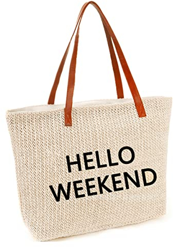 JFAN Grand Sac de Plage Tissés Bandoulière Cabas Femme Pliable Pour la Plage Summer Beach Tisser Faits Main Sacs Shopping Weekend Beige