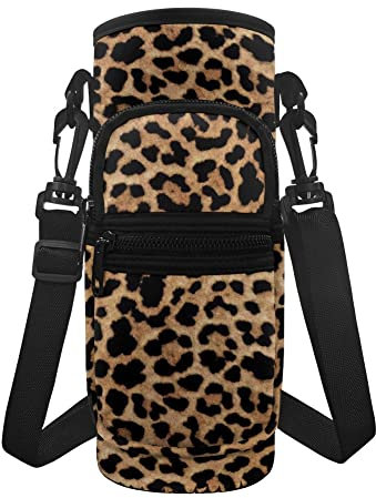 chaqlin Women Men Water Bottle Carrier Bags with Leopard Print, Sling Neoprene Sleeve Sports Water Bottle Accessories for Kids Adult School Hiking Water Bottle Sleeve Pouch Portable Crossbody Purse