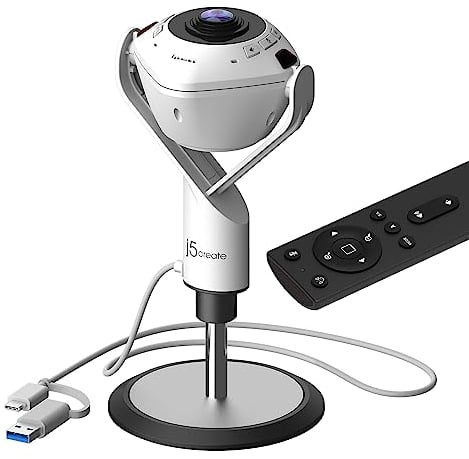 j5create 360 AI-Powered Meeting Webcam mit Freisprecheinrichtung, Smart-Tracking, Auto-Framing, 1080P HD Videokonferenz Kamera, kommt mit Fernbedienung (JVU368)
