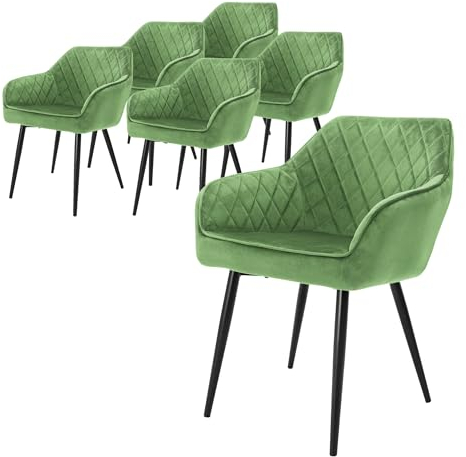 ML-Design 6er Set Esszimmerstühle mit Armlehne und Rückenlehne, Salbei, Küchenstuhl mit Samtbezug, Polsterstuhl mit Metallbeinen, Ergonomischer Stuhl für Esstisch, Esszimmerstuhl Wohnzimmerstuhl