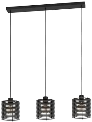 Eglo Pendant Lighting Segovia, 3 lamp Ceiling Light Fitting | hanging lamp for dining and living room, black metal and wood, E27 socket, 35 in