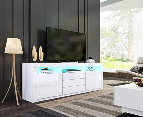 Sideboard Storage Cabinet White Glossy with 2 Doors and 3 Drawers for Living Room Dining Room Home furniture 160 x 35 x 72cm