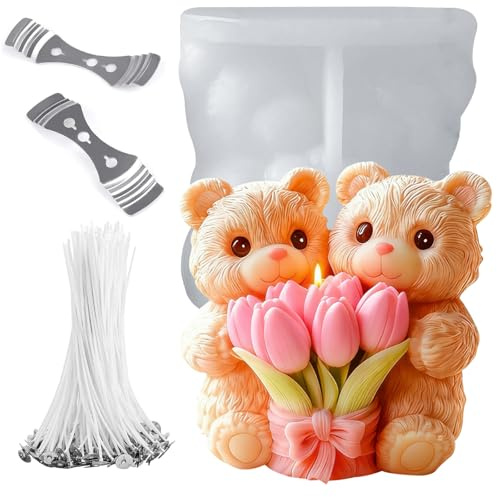 Moule Silicone Ourson Bougie,Moule à Bougie Ours Tulipes FleurDIY cadeaux d'anniversaire,moules à savon,moules à plâtre,bougies parfumées Décoration de gâteaux cadeaux de Saint-Valentin(XL)
