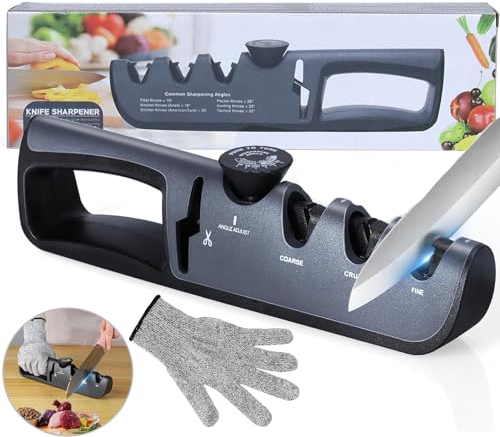 HOMGEN 4 in 1 Kitchen Knife Sharpener, Adjustable Angle Knob, 3-Stage Sharpening, Cut-Resistant Glove, Tungsten, Ceramic, Diamond