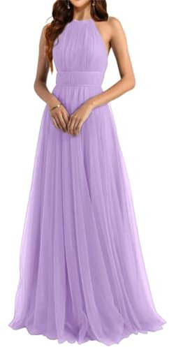 Halter Abiti da damigella d'onore da donna lunghi in tulle A-Line pieghe abiti formali per matrimonio, Lilla, 52