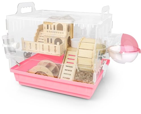 Cycodo 8 in 1 Acrylic Hamster Cages and Habitats,Dwarf Hamster Cage,Wooden Small Animal Cage with Accessories & Toys,2-Layer Small Pet House,Mice,Gerbils(Pink,14*11*10)