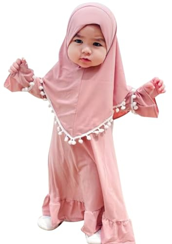 FYMNSI Baby M?dchen Gebetskleidung Muslimisches Kleid Abaya Maxikleid Mit Hijab Kleinkinder Neugeborene Islamisches Gebetskleid Ramadan Kaftan Dubai Outfit Einfarbig Zweiteilig Rosa 0-6 Monate