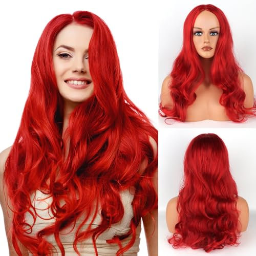 YANGUN Rote Perücke Damen, Gewellte Perücken für Frauen, 24 Zoll Perücke Weinrot Lang, Langhaarperücke Damen Rot, Perücken Karneval DamenLang,Synthetische Perückes Lang für Tägliche Kostüm Party(Rot)