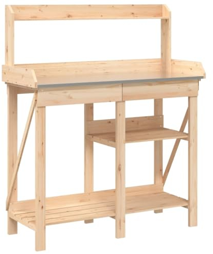 vidaXL Potting Bench with Shelves - Solid Fir Wood Construction, Zinc-Top Workbench, Drawer Storage for Garden, Patio, Greenhouse