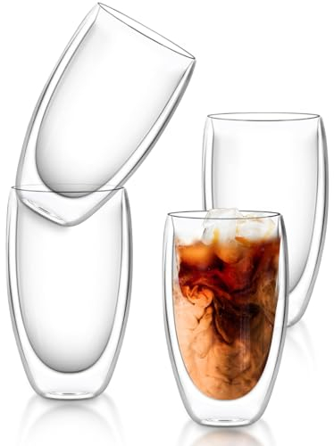 Goldmeet 4x450ml Double Walled Glass Mugs, Heat Resistant Coffee Cup, Reusable Latte Glasses Cappuccino Cups Tea Cup, Clear Borosilicate Mugs Sets for Hot Chocolate, Espresso Cups, Dishwasher Safe