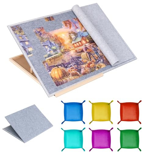Tektalk Foldable Jigsaw Puzzle Board with 4 Angle Adjustable Bracket/Stand, Lightweight Portable Puzzle Mat Plateau with Wooden Easel, Foldaway Felt Puzzle Table, for Up to 1500 Pieces - Gray