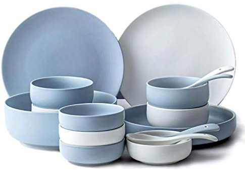 Set Piatti/Piatti/Ciotole, Servizio Piatti 16 Pezzi Servizio Piatti Ceramica Bianca e Blu per 4 Persone