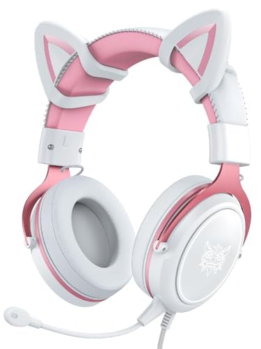 SIMGAL Cat Ear Gaming Headset, 3.5mm Wired Headphones with Noise Cancelling Microphone, Surround Sound, LED Backlight for PS4, PS5, PC, Mobile Phone, White & Pink