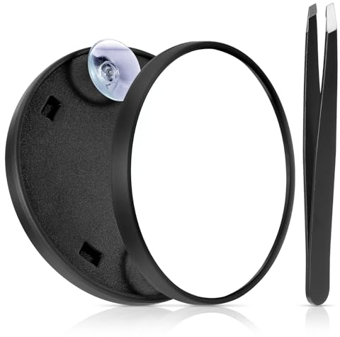 JIEYAO 5-Facher Vergrößerungsspiegel mit 2 Saugnäpfen, 9cm kompaktes Vergrößerungs Make up Spiegel mit Pinzette Tragbarer Vergrößerungsspiegel Reise Kosmetikspiegel zum Aufkleben im Badezimmer Schwarz