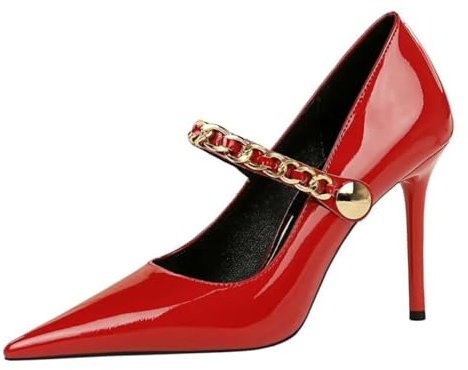 JOEupin Décolleté da donna con tacco alto e cinturino alla caviglia in vernice a spillo, Rosso, 42.5 EU