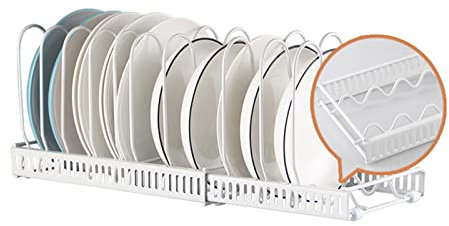 Zjyufy Expandable Pans Organizer Rack Adjustable Pan Lid Holder with 10 Dividers, Pot Pan Lid Storage Rack Bakeware Lid Plate Holders for Drawer Kitchen Cupboard Pantry Cabinet