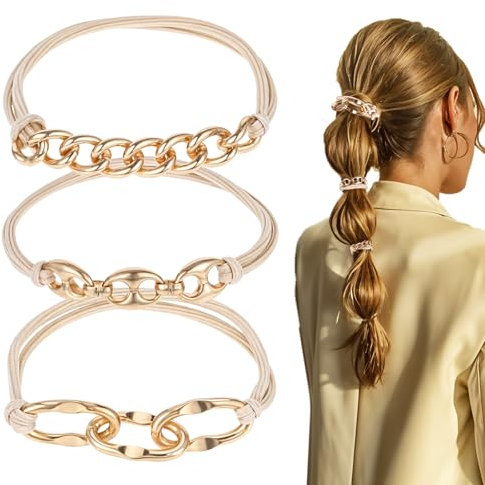 Ouligay 3 Stück Goldenes Haargummi Armband, Elastische Haarbänder aus Metall, Haargummi Gold Pferdeschwanzhalter Damen Haarmanschetten für Dickes, Dünnes, Lockiges Haar