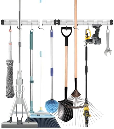 QcoQce Broom Holder Wall Mounted Garden Tool Rack Organizer, Modern Style,Movable Aluminum Alloy Wall Mounted Hook,Storage Gift for Bathroom,Closet,Laundry Room,Garage,Tool Room