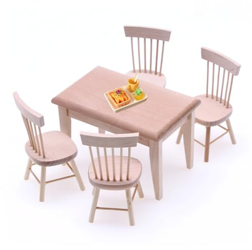 Quintrost 10 Stück Mini Tisch und Stuhl Ornamente, 1:12 Puppenhaus Schreibtischstuhl Set mit Miniatur Harz Lebensmittel Sandwich, Holz Simulierter Tisch Mini Möbel Modell Spielzeug Zubehör (Holzfarbe)