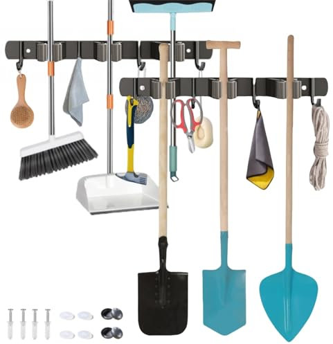 MEETOZ 2 Pack Garden Tool Storage Rack, Tool & Garden Storage Rack Garage Storage Wall Hanging Shed Hooks, Mop Broom Holder Wall Mounted, for Gardening Tools, Utility Room, Launry Room,Garage