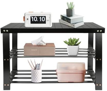 OHMG Banc Étagère à Chaussures en Bambou Naturel 3 Niveaux,Bancs de Rangement,Organiseur à Chaussures,Charge 130 kg,Idéal pour l’entrée, Salle de Bain,Salon,Couloir (Noir-70 * 27 * 42cm)