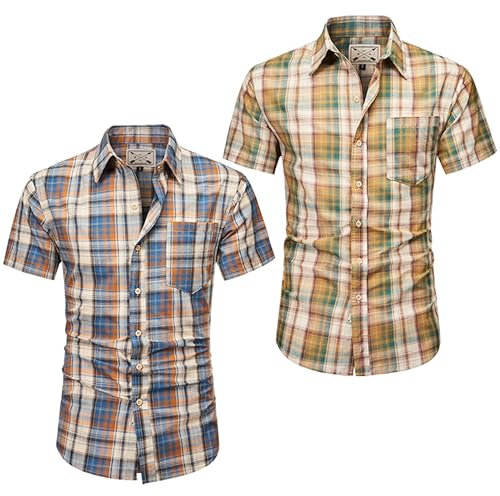 Men's Checked Shirt Mens Shirts Short Sleeve and Long Sleeve Cotton Casual Shirt for Men (UK, Alpha, XXL, Regular, Regular, 2 Pack Blue & Green Short Sleeve)