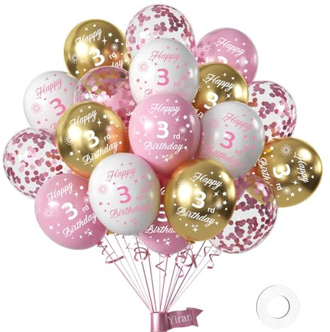 Palloncini per il 3° Compleanno Ragazza - Confezione da 16 Pezzi, 30 cm (12 pollici) in Rosa, Bianco e Oro, Decorazioni in Lattice per Feste di Compleanno 3 Anni - Ideali per Party a Tema Ragazza
