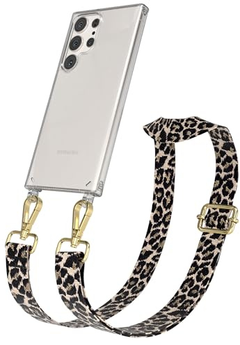EAZY CASE Handykette - Verstellbares Taschenband kompatibel mit Galaxy S23 Ultra, Schulterriemen, Handykordel mit Silikon Hülle, Umhängetasche, Leo - Schwarz Beige Gold